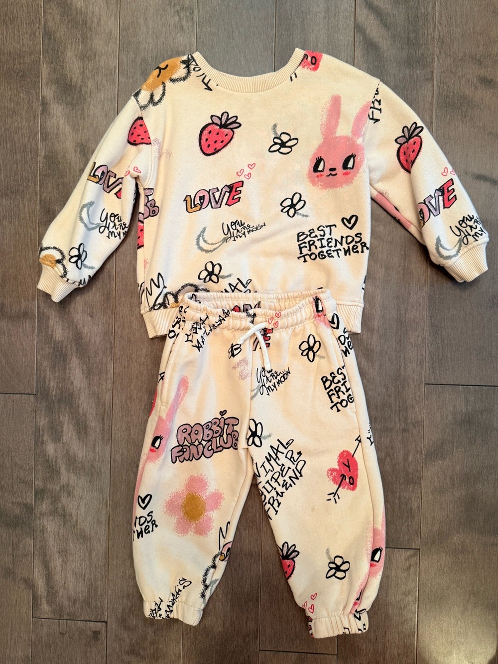 Zara Kids Cream and Pink Bunny Graphic Pajama Set